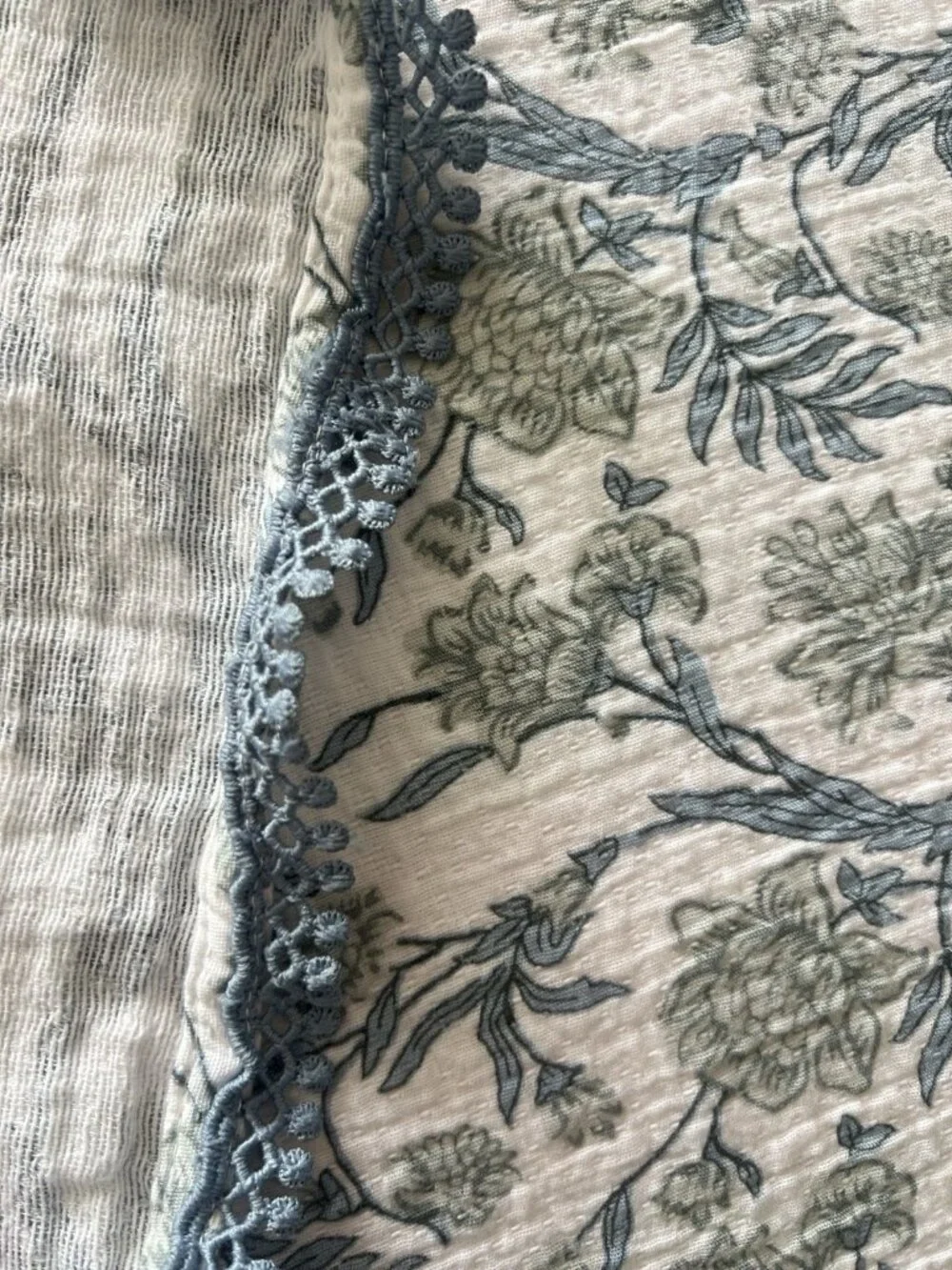 TOILE Shower Curtain Blue White Floral Lace Trim Crinkled Fabric 72